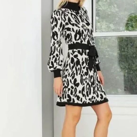 NWT Who What Wear Leopard Balloon Sleeve Sweater Dress Animal Jacquard XXL - Picture 2 of 6